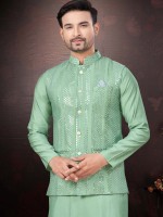 Sage Green Pure SIlk Readymade Kurta Pajama With Jacket